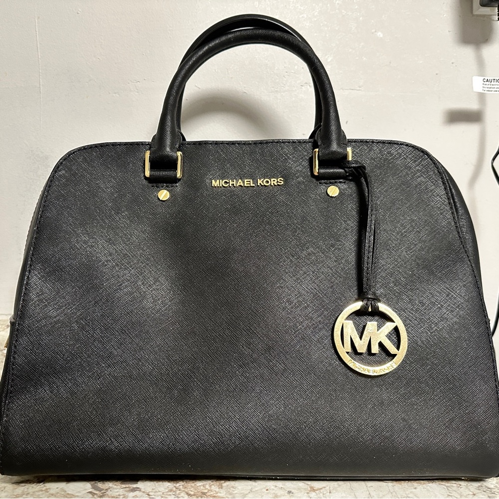 MICHAEL KORS Jet Set Satchel Purse Top Handle - Gold & Black Saffiano Leather - Picture 2 of 15